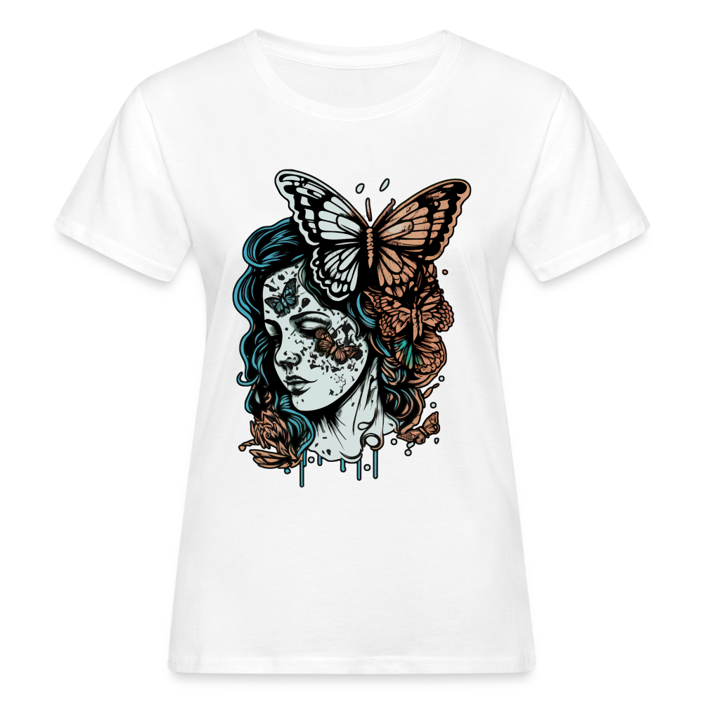 Frauen Bio-T-Shirt "Frau mit Schmetterlingen" - weiß